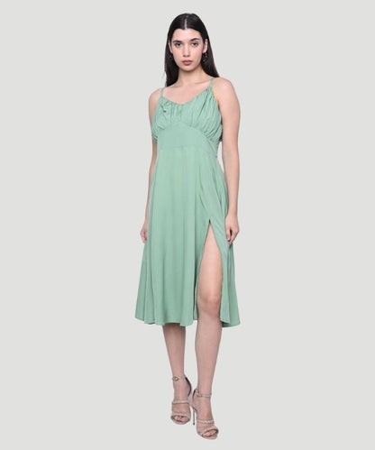 Women's Green Solid Regular Fit A-line Midi Dress